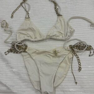 Beach Bunny Cream Bikini with Silver Chains